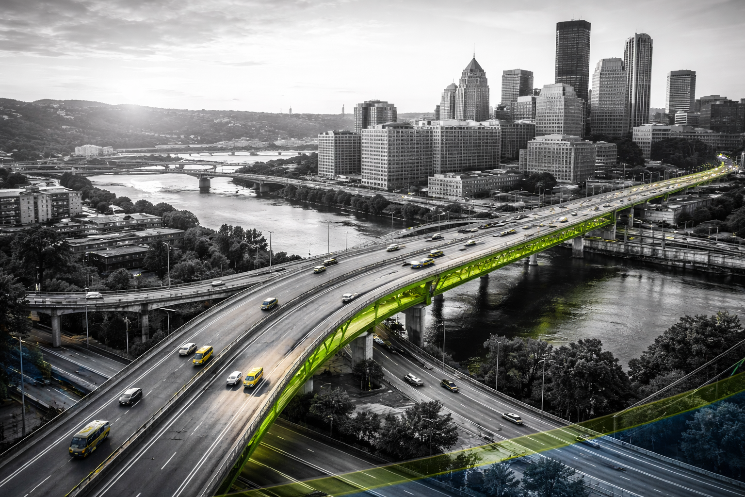 View of a skyline featuring tall buildings, a river, and a striking green bridge with cars traveling on it.