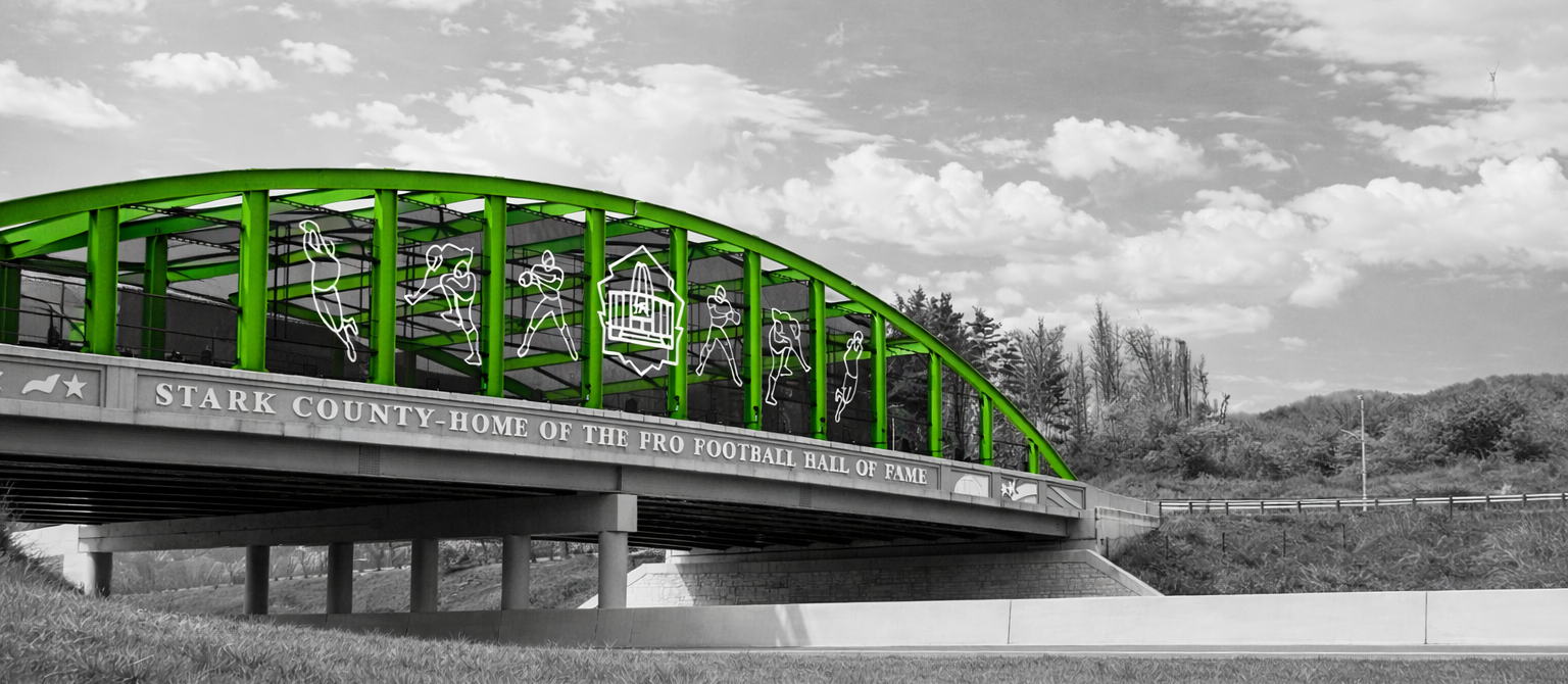Green-arched bridge featuring outlines of athletes, located in Stark County, home of the Pro Football Hall of Fame.